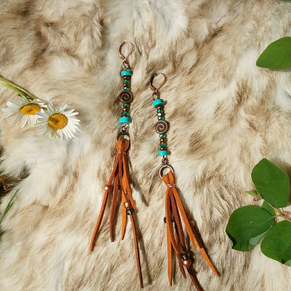 Handmade copper turquoise boho flowy earrings